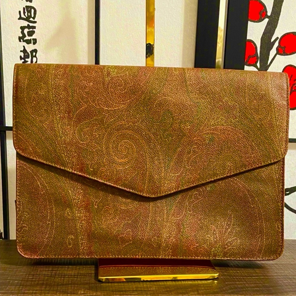 ETRO Paisley Print Leather Envelope Clutch in Brown